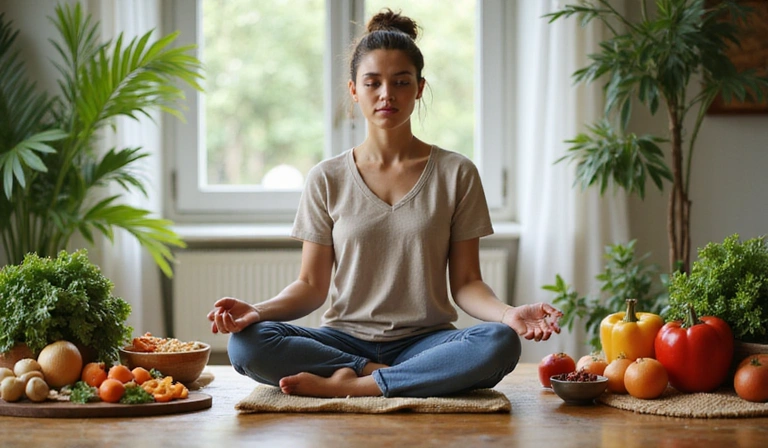 A person meditating with a bowl of healthy food, representing mindful eating.