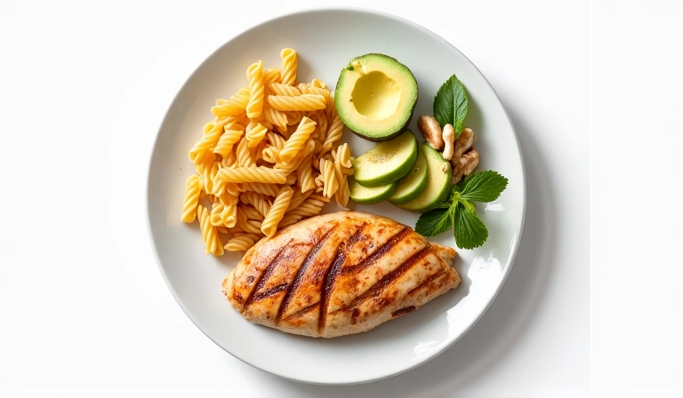 A plate with distinct portions of carbohydrates (pasta), proteins (chicken breast), and fats (avocado), illustrating macronutrients.
