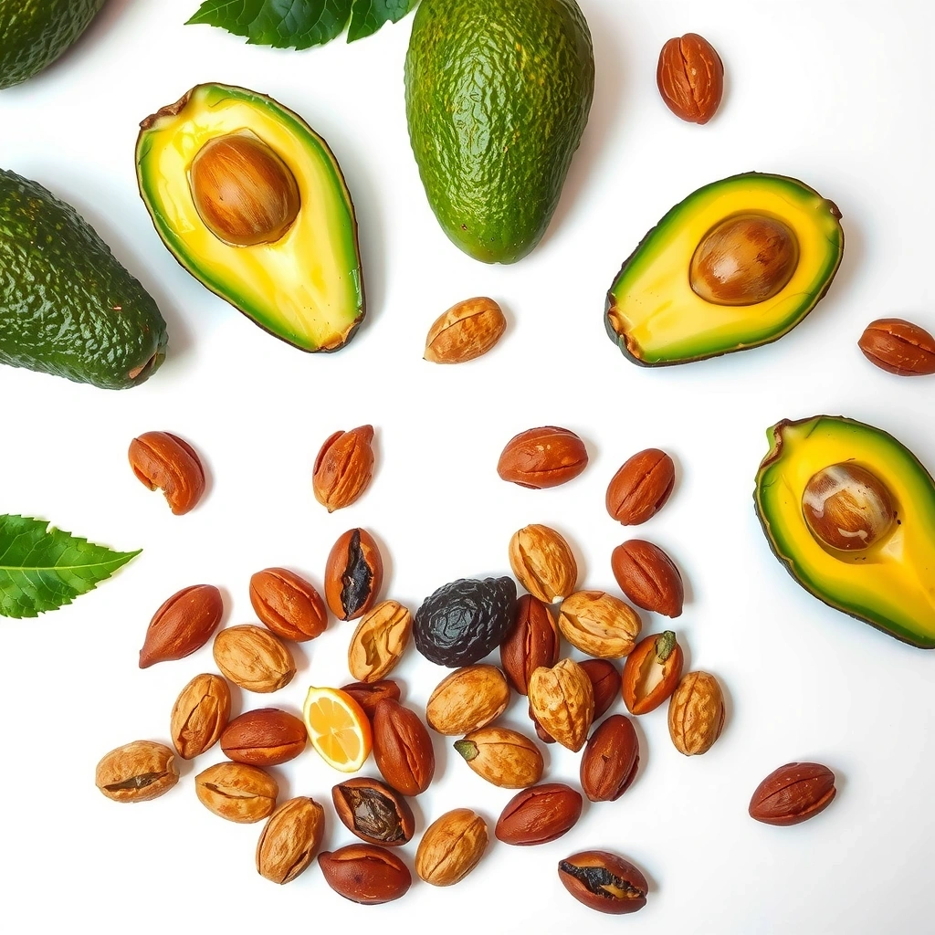 Verschiedene Nüsse und Avocados